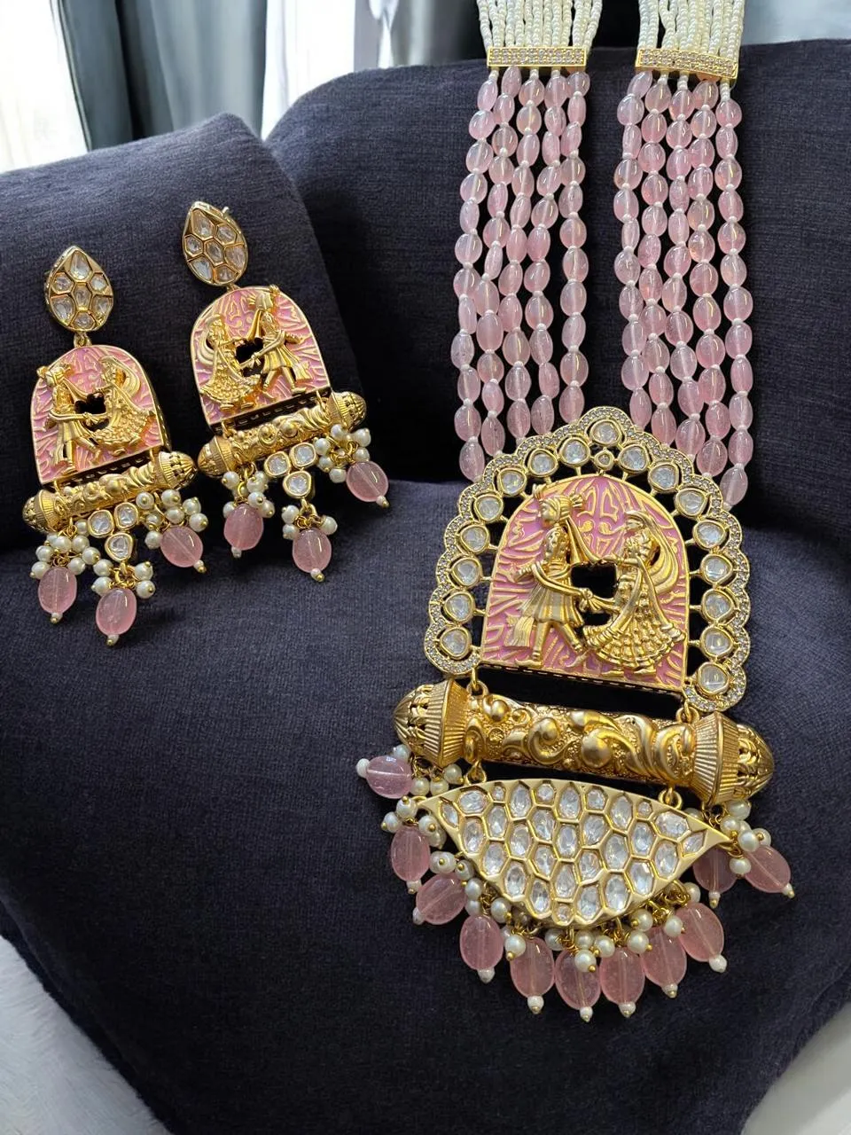 Regal Folk Dance Carved Long Necklace Set with Pastel Pink Beads