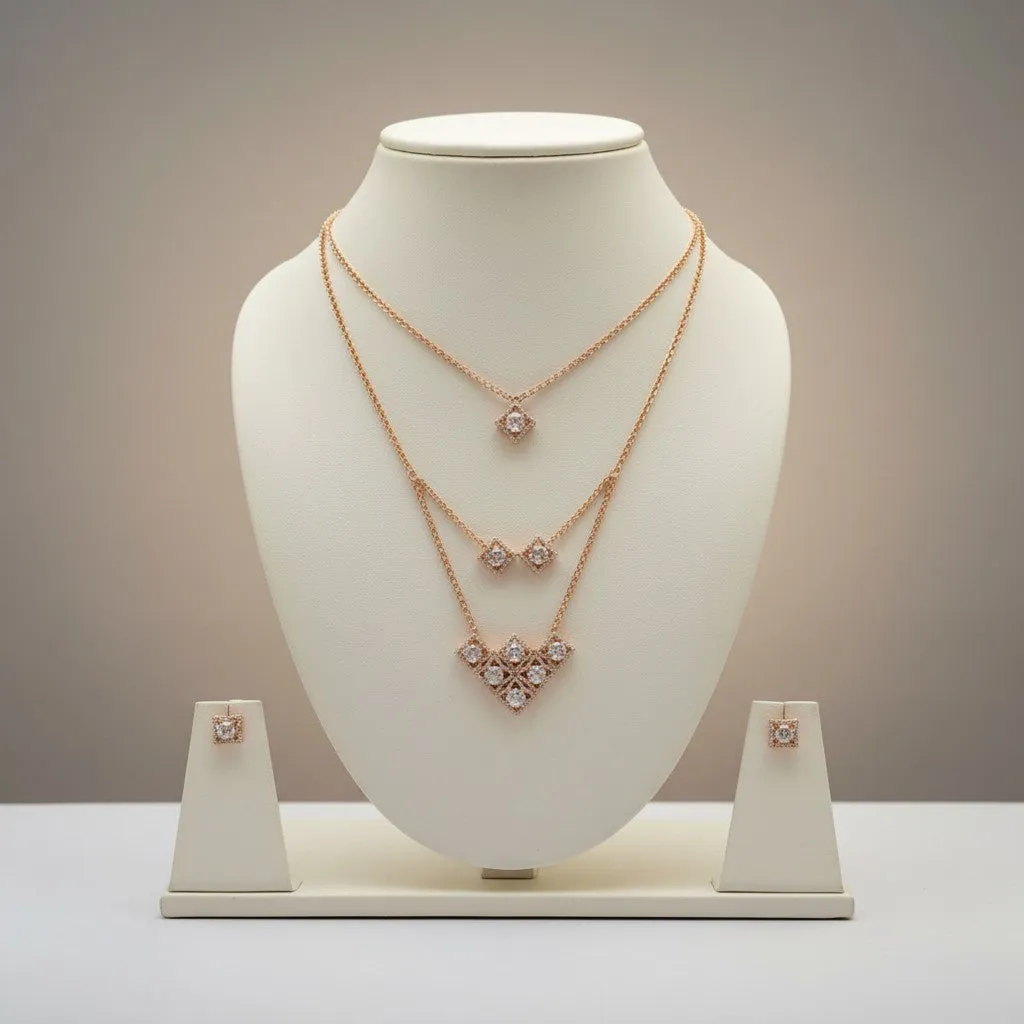 Triple-Layered Geometric Necklace Set with Square Stud Earrings
