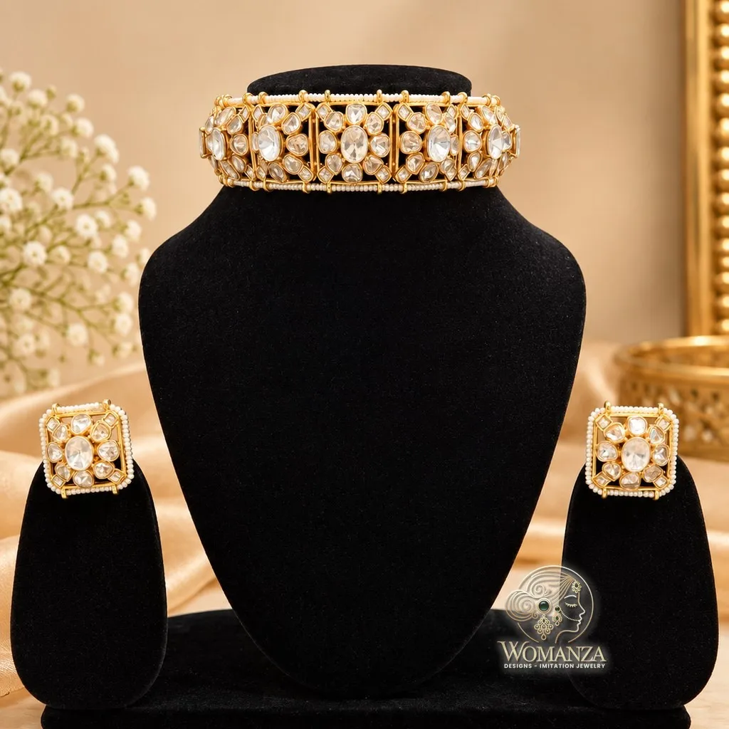 Wide Polki Choker Set with Seed-Pearl Edging & Square Studs