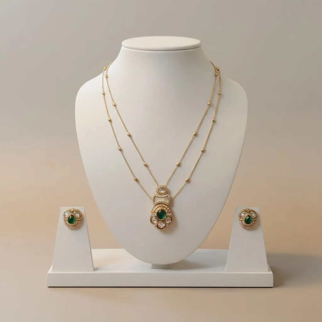 Emerald Green Dual-Layer Pendant Necklace Set with Kundan Detailing