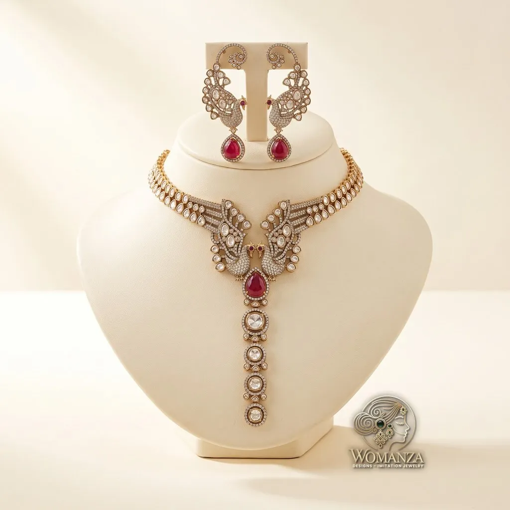 Moissanite Twin Peacock Necklace Set with Ruby-Red Drop