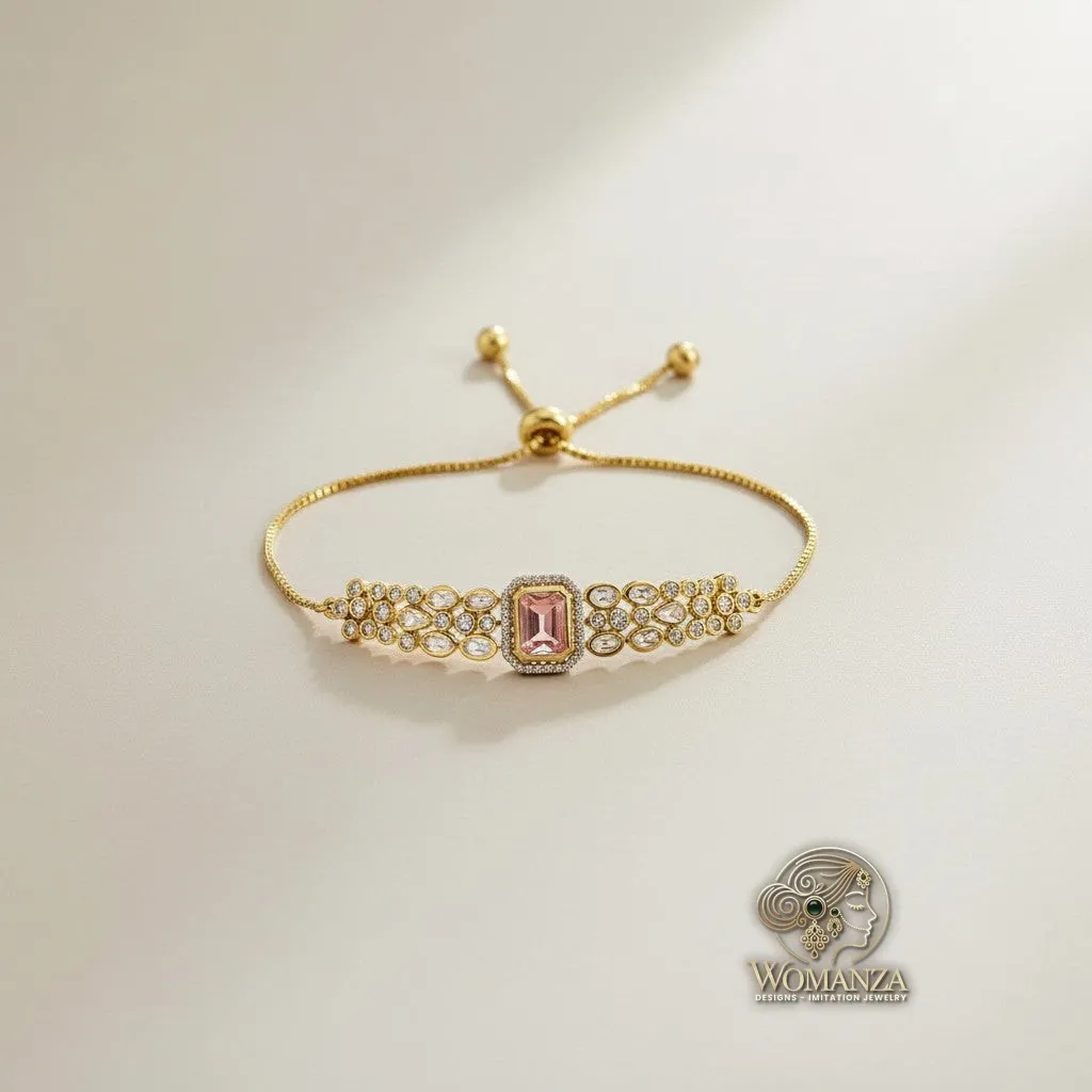 Kundan Adjustable Bracelet with Pink Stone Centrepiece