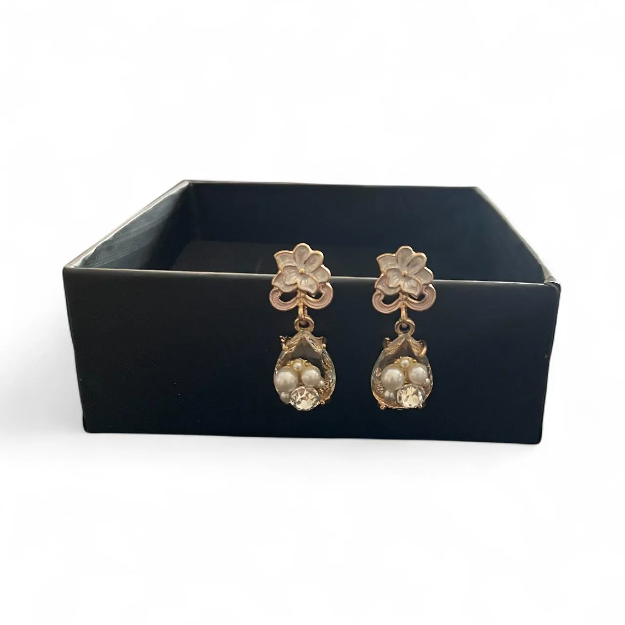 Floral Pearl Drop Earrings with Teardrop Frame & Crystal Accent
