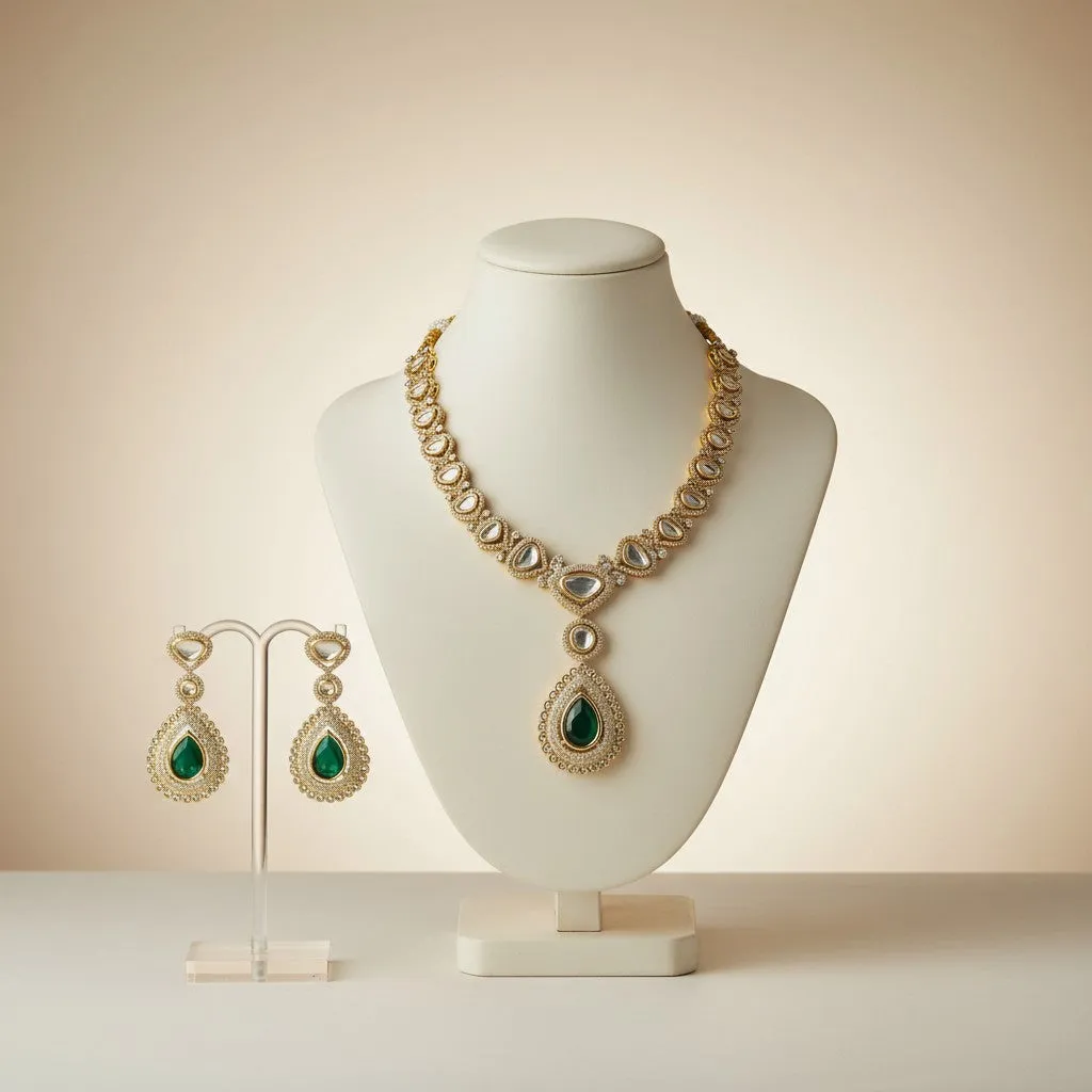 Emerald Green Teardrop Stone Necklace Set with Mirror-Cut Accents