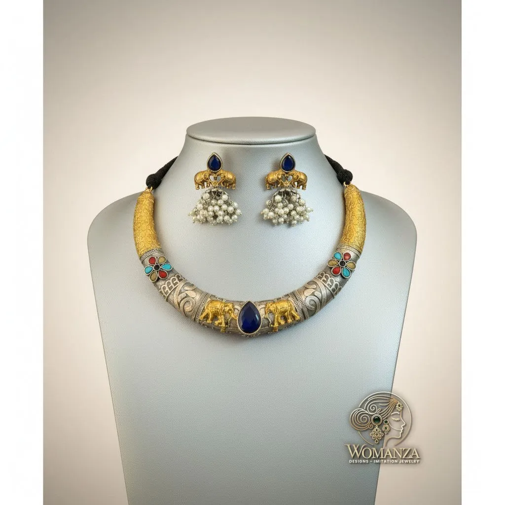 Dual-Tone Oxidised Silver Hasli Set with Elephant Motif & Pearl Drops