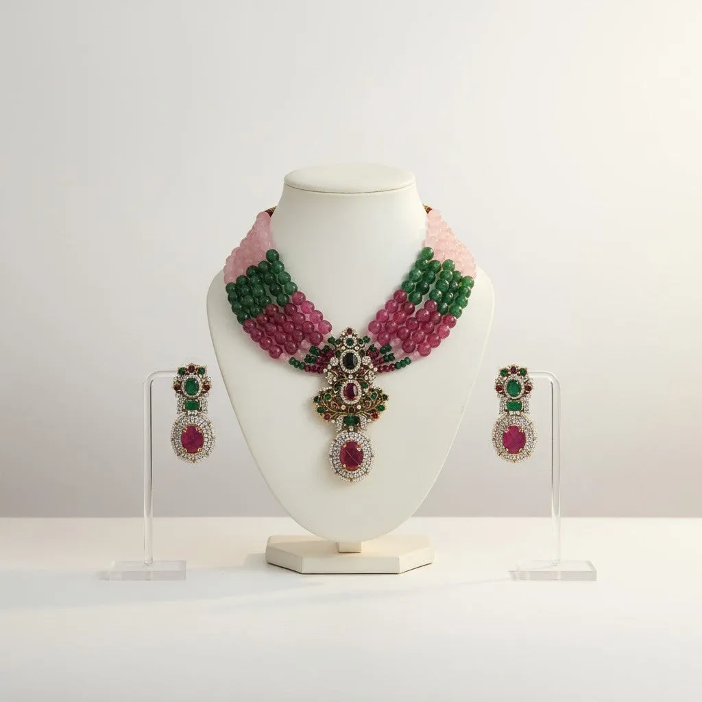 Maharani Gemstone Multistrand Necklace Set with Royal Pendant