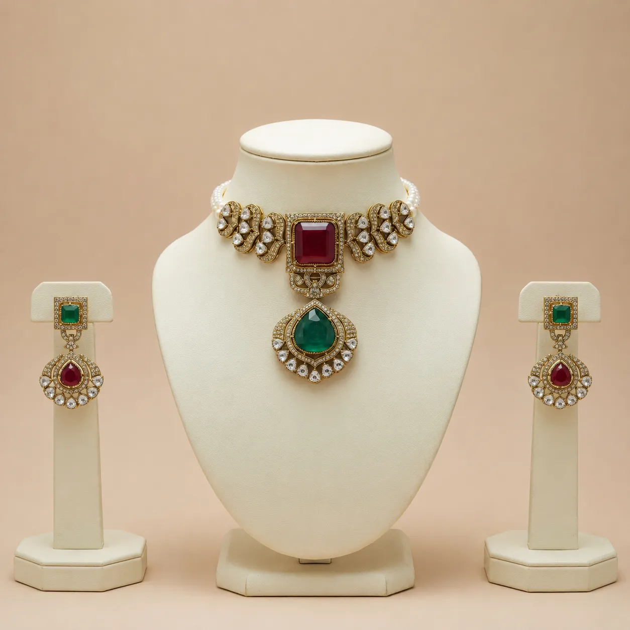 Regal Emerald & Ruby Choker Set with Drop Emerald Pendant