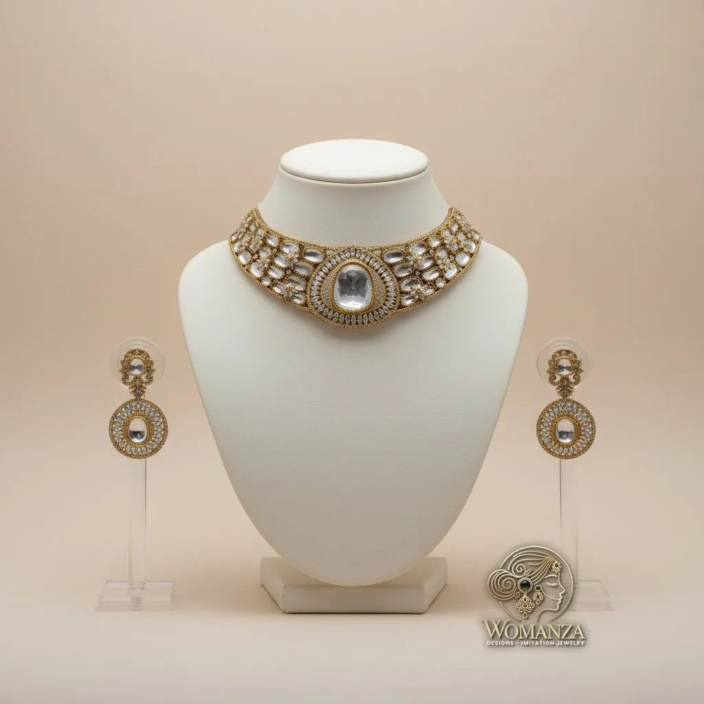 Royal Mirror Glow Bridal Choker Set with White Stones & Mirror Centrepiece