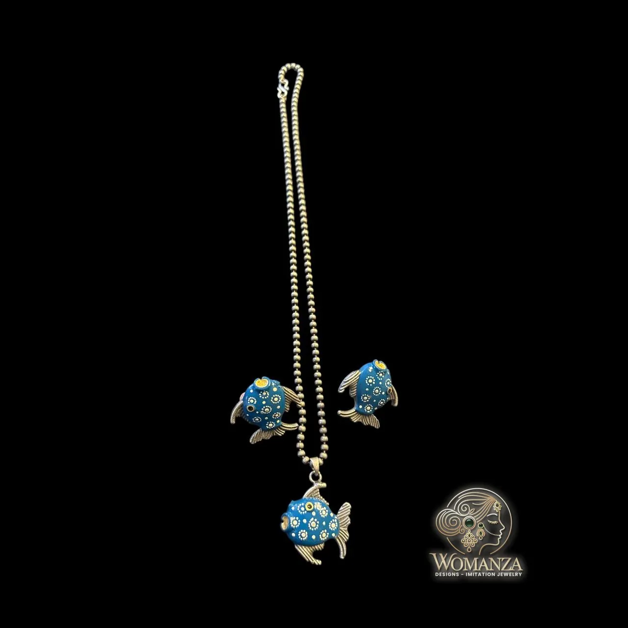 Blue Fish Motif Oxidised Necklace Set with Matching Earrings