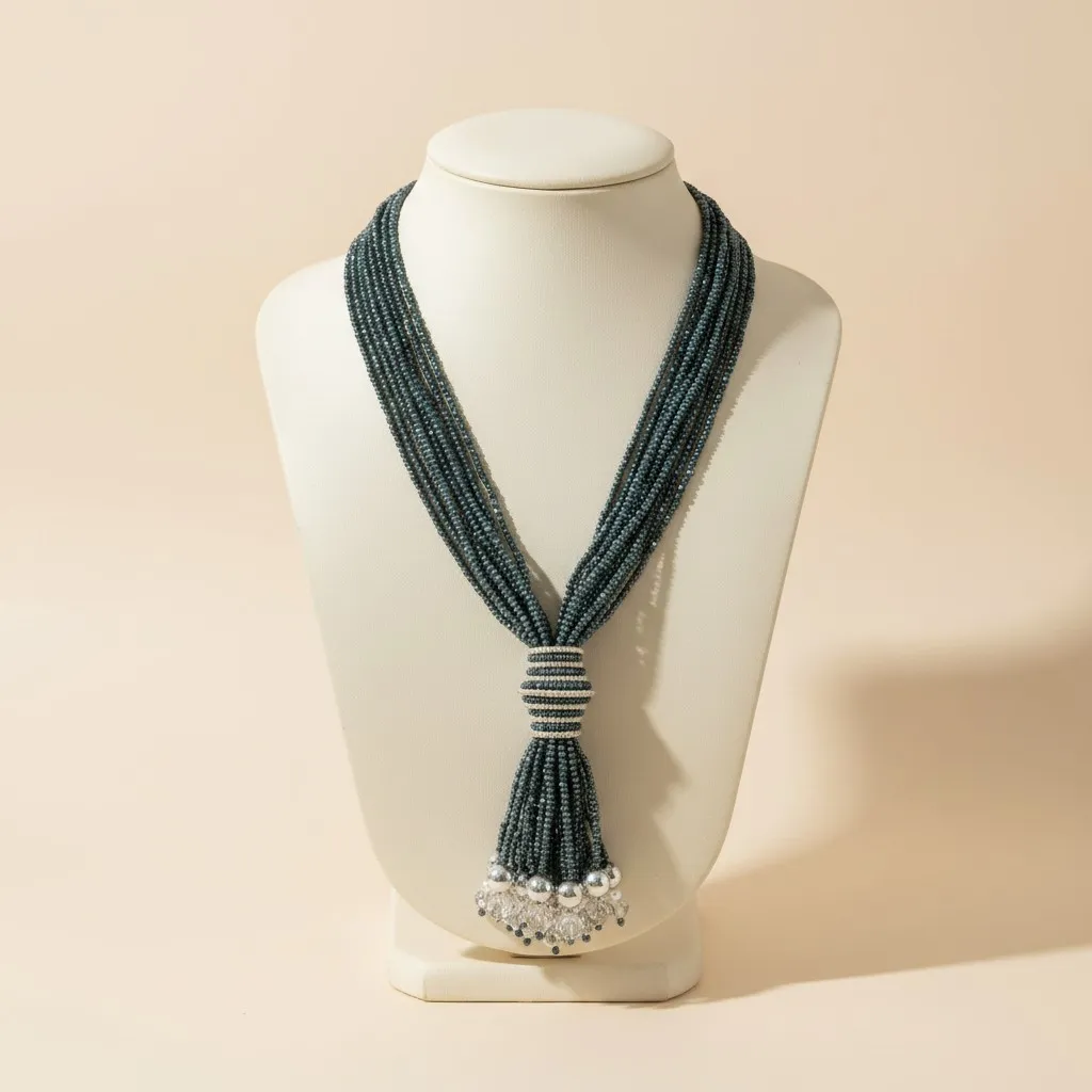 Charcoal Grey Multi-Strand Beaded Tassel Mala Necklace