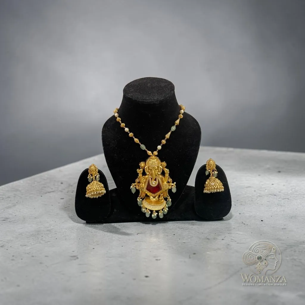 Sindoori Gajanan Temple Long Necklace Set with Doublet Stone & Ganesha Jhumkas