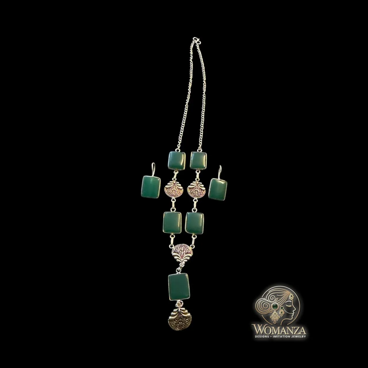 Green Stone Long Necklace Set with Oxidised Motifs & Earrings