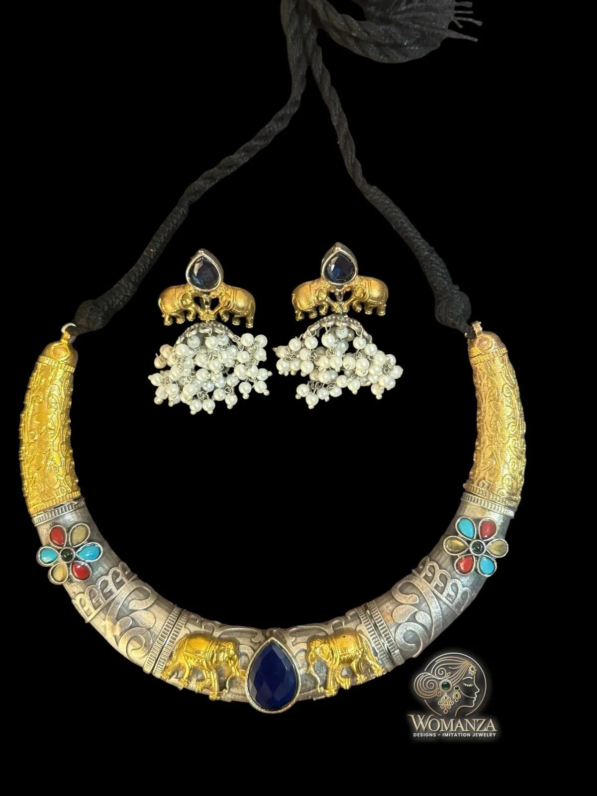 Dual-Tone Oxidised Silver Hasli Set with Elephant Motif & Pearl Drops