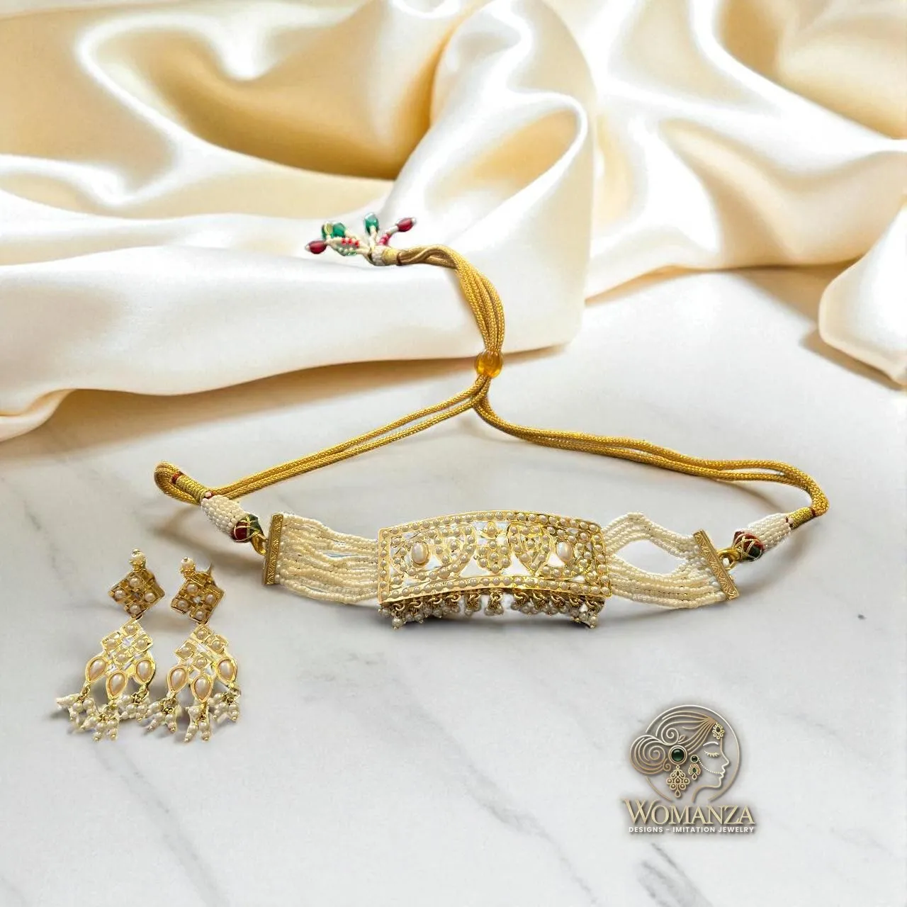 Royal Pearl & Kundan Choker Set with Chandelier-Style Earrings