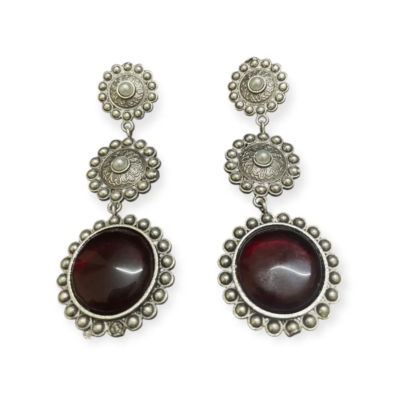 Aarvika Floral Garnet Drop Earrings in Oxidised Silver