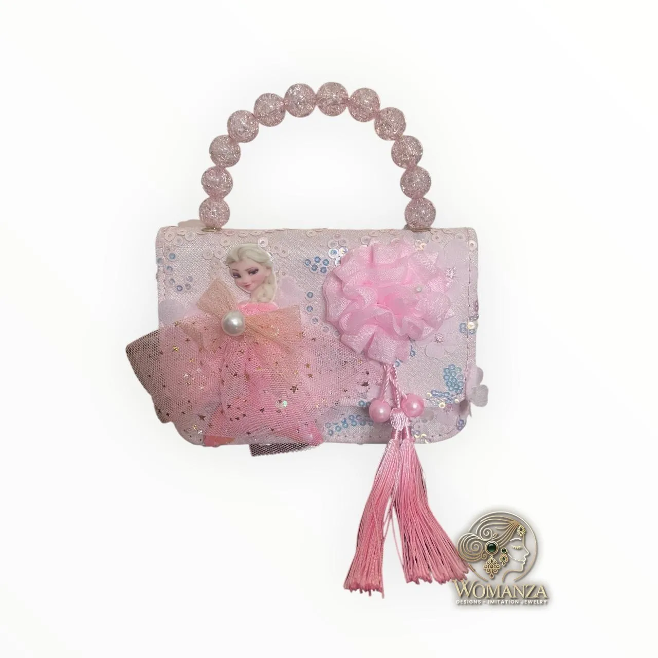 Princess Pink Beaded Handle Handbag for Girls with Bow & Tassel