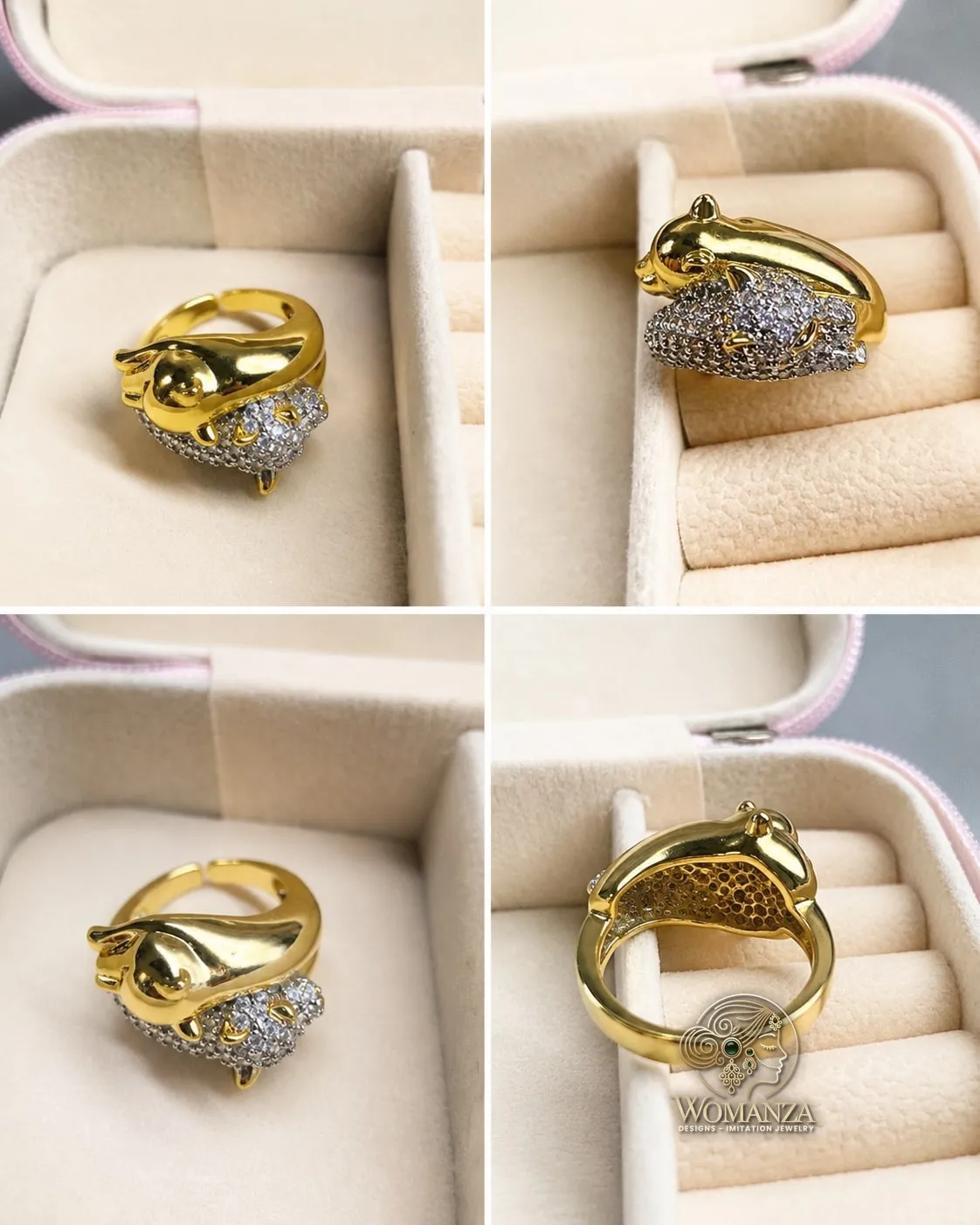 Gold-Tone Panther Wrap Ring with Pavé Crystal Detailing