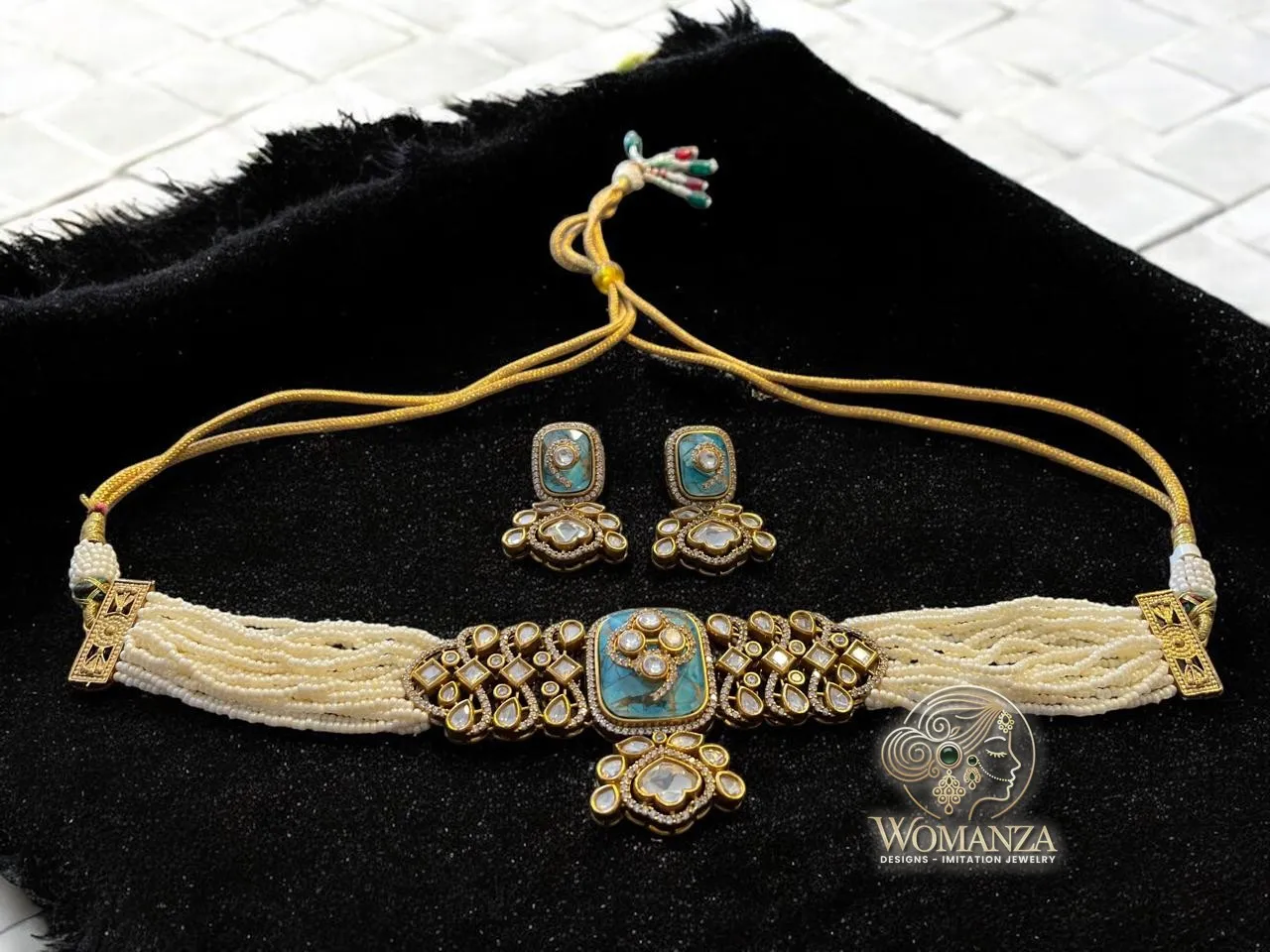 Turquoise & Pearl Multi-Strand Beaded Choker Set with Statement Earrings