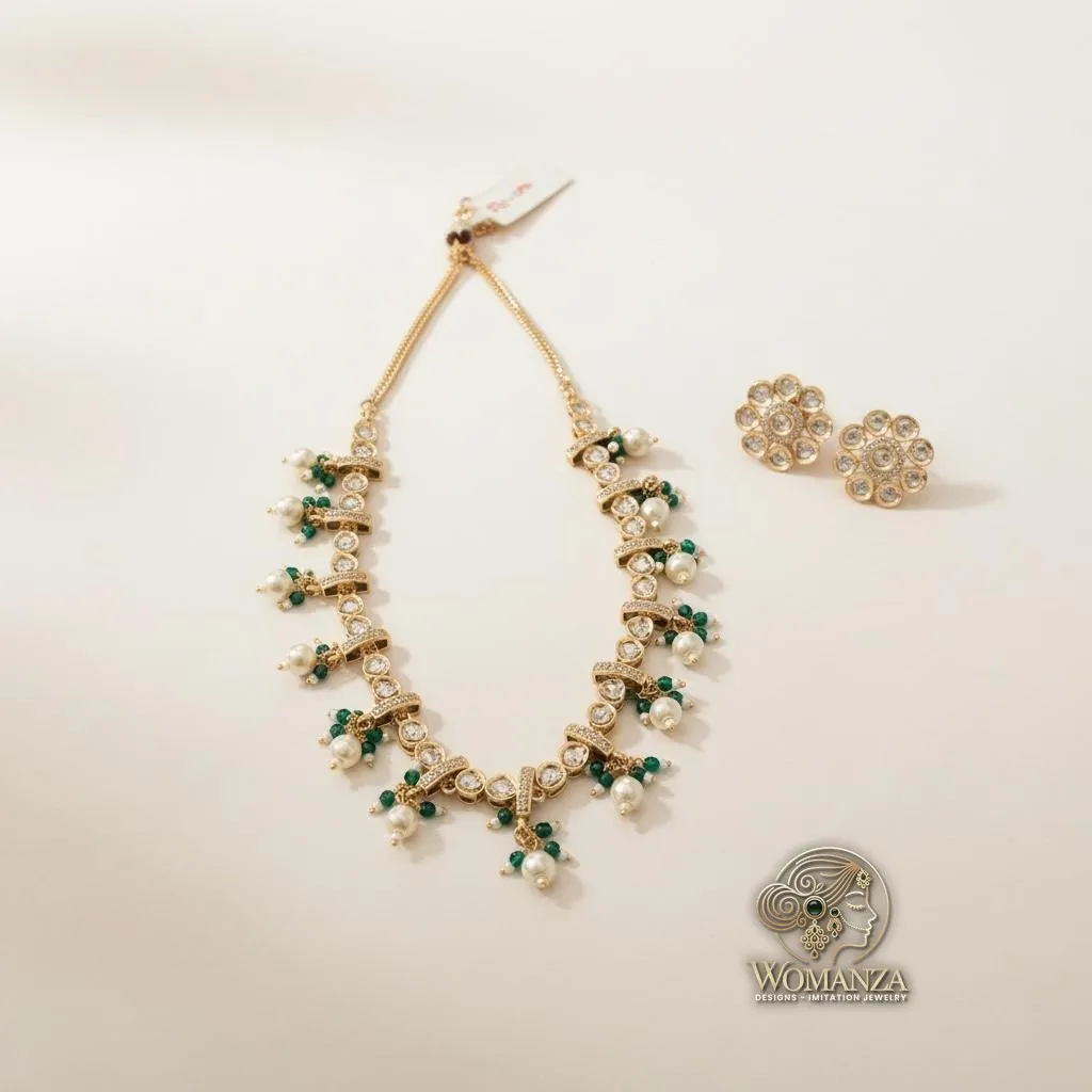 Green Stone & Pearl Kundan Necklace Set with Stud Earrings