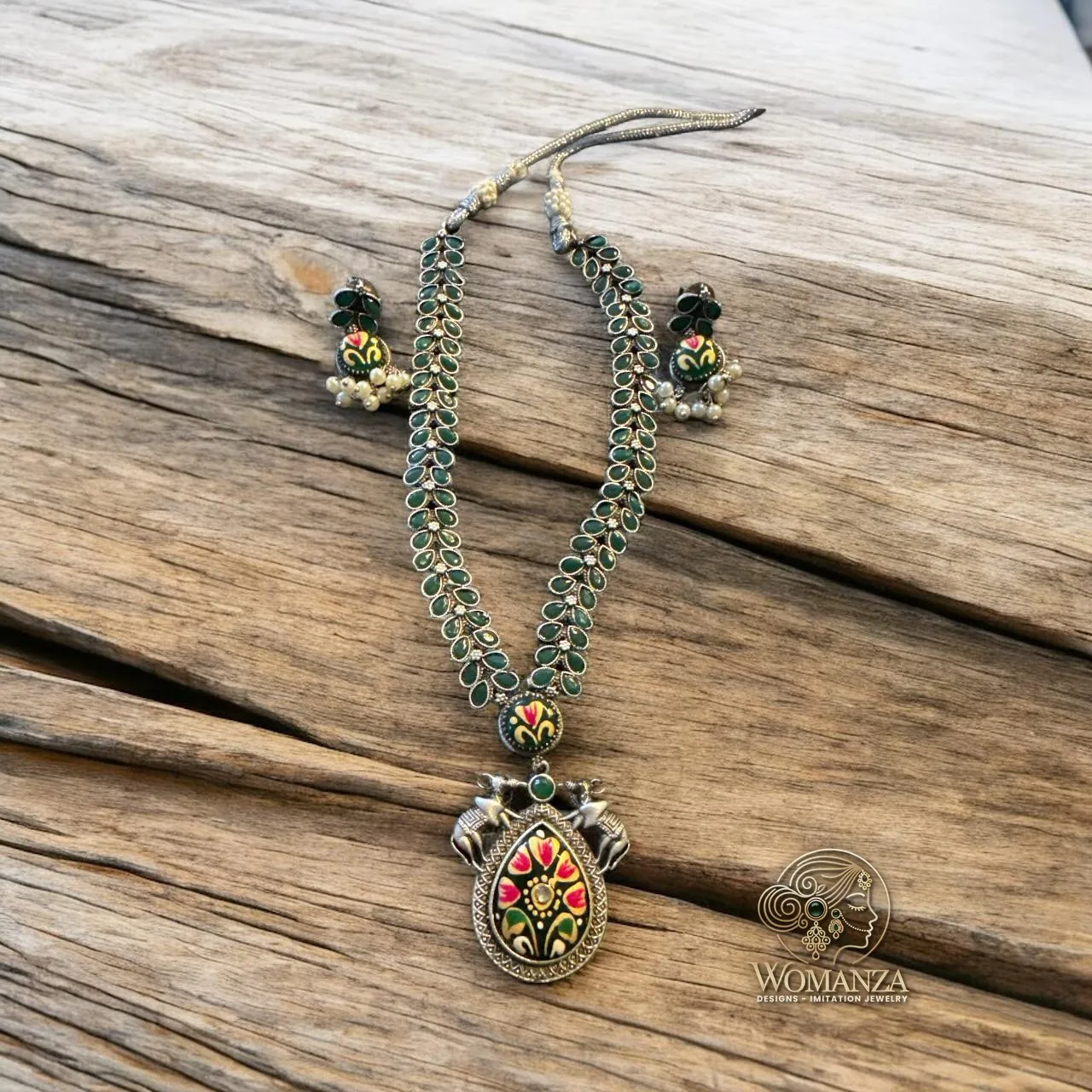 Green Enamel Elephant Motif Oxidised Necklace Set with Earrings