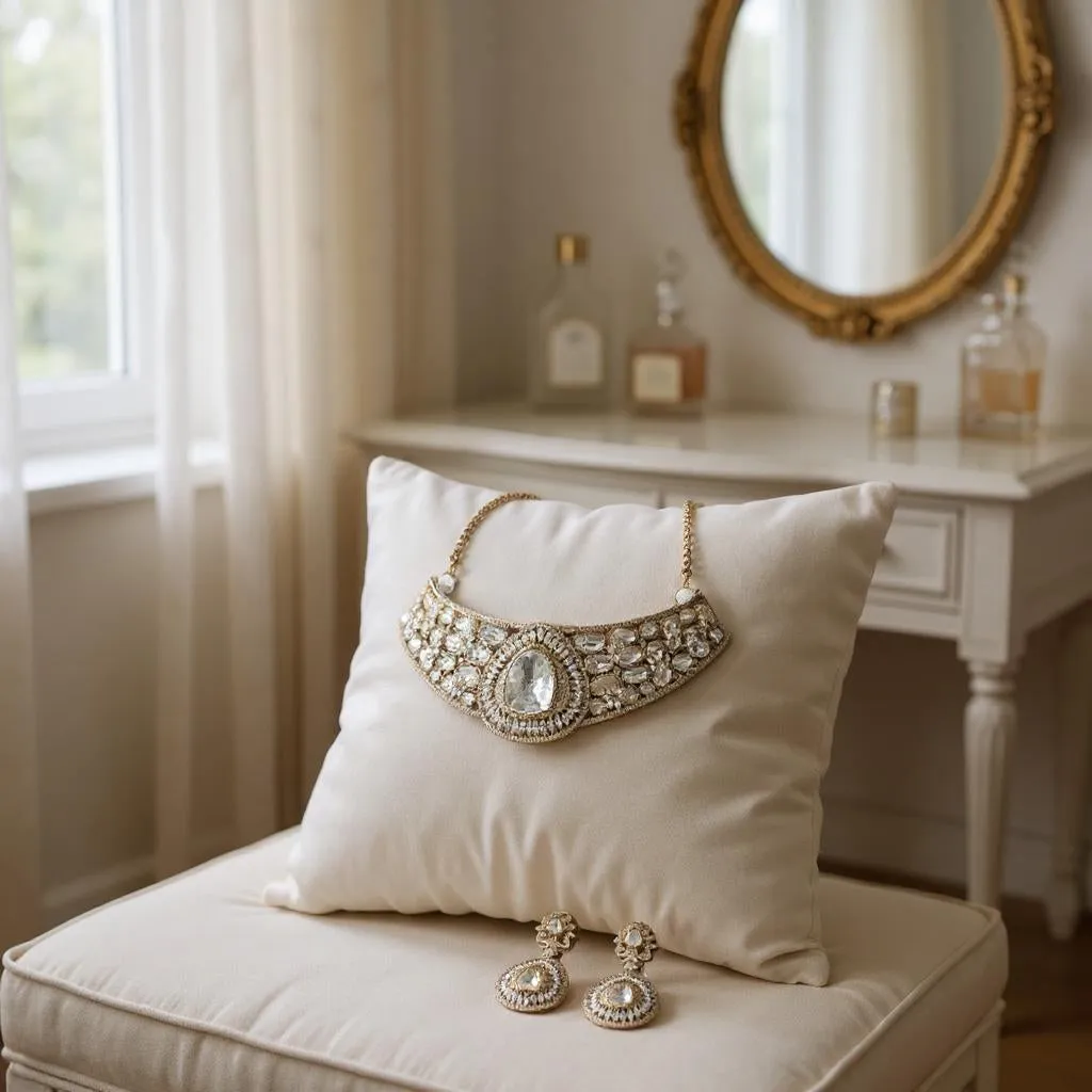 Royal Mirror Glow Bridal Choker Set with White Stones & Mirror Centrepiece