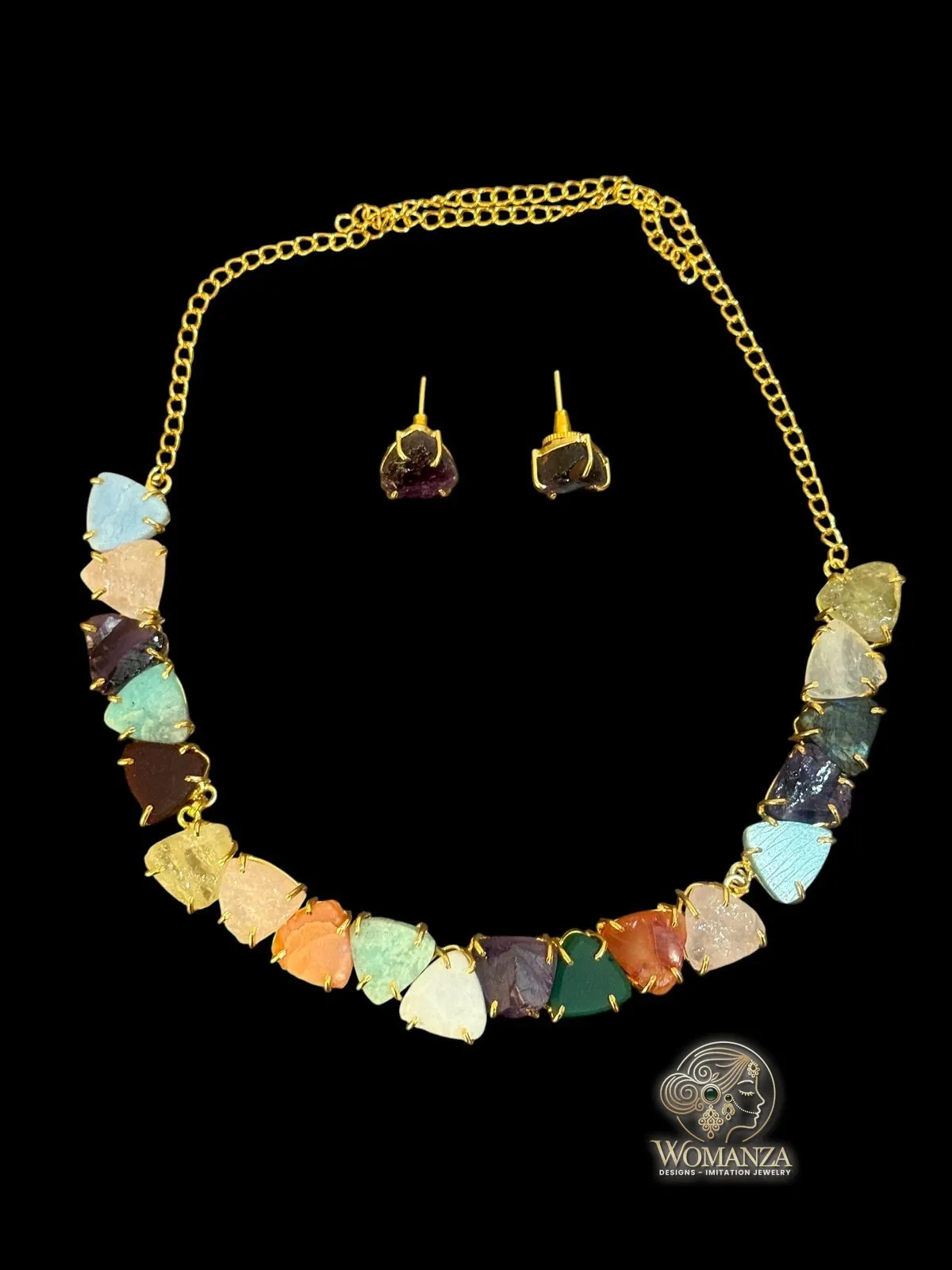 Natural Stone Multicolour Necklace & Earrings Set | Indo-Western Fusion