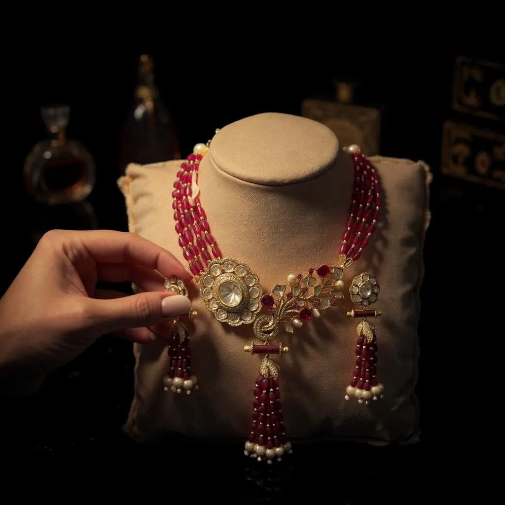 Maroon Beaded Floral Peacock Necklace Set