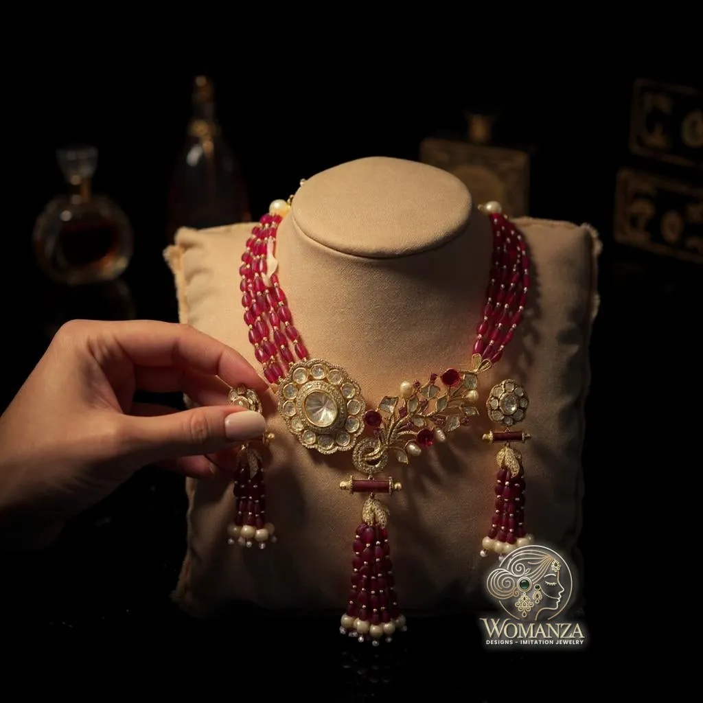 Maroon Beaded Floral Peacock Necklace Set