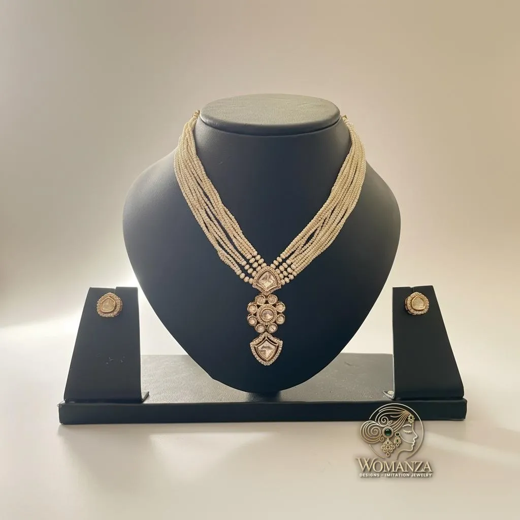 Elegant Multi-Layer Pearl Kundan Necklace Set with Earrings