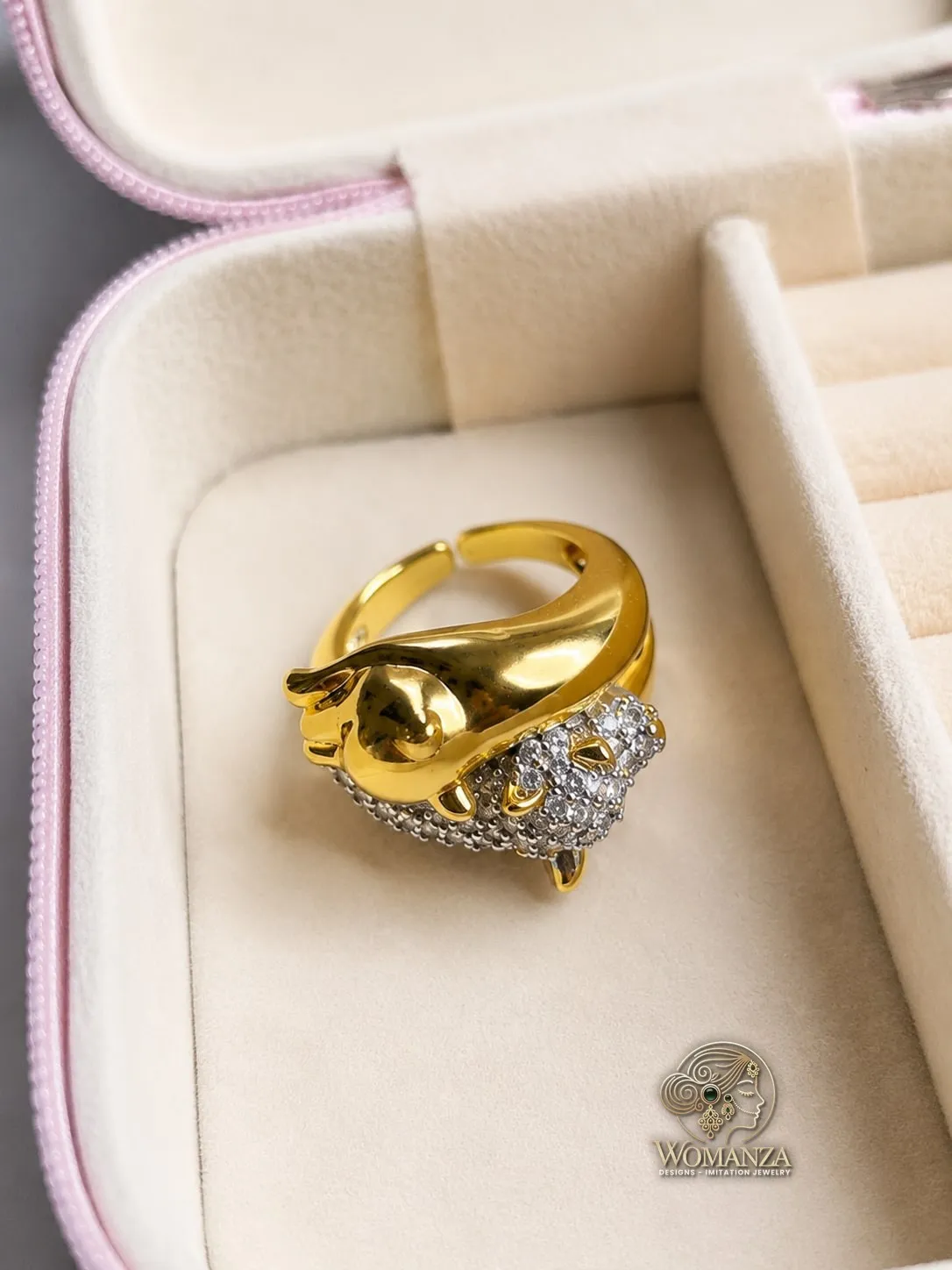 Gold-Tone Panther Wrap Ring with Pavé Crystal Detailing